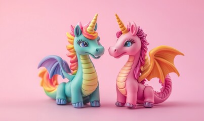 Obraz premium Colorful unicorn figurines with vibrant manes and wings, showcasing playful expressions against a soft pink background