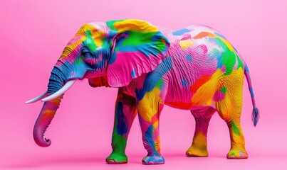 Fototapeta premium Colorful elephant art installation featuring vibrant pink, blue, green, and yellow patterns against a bright pink background