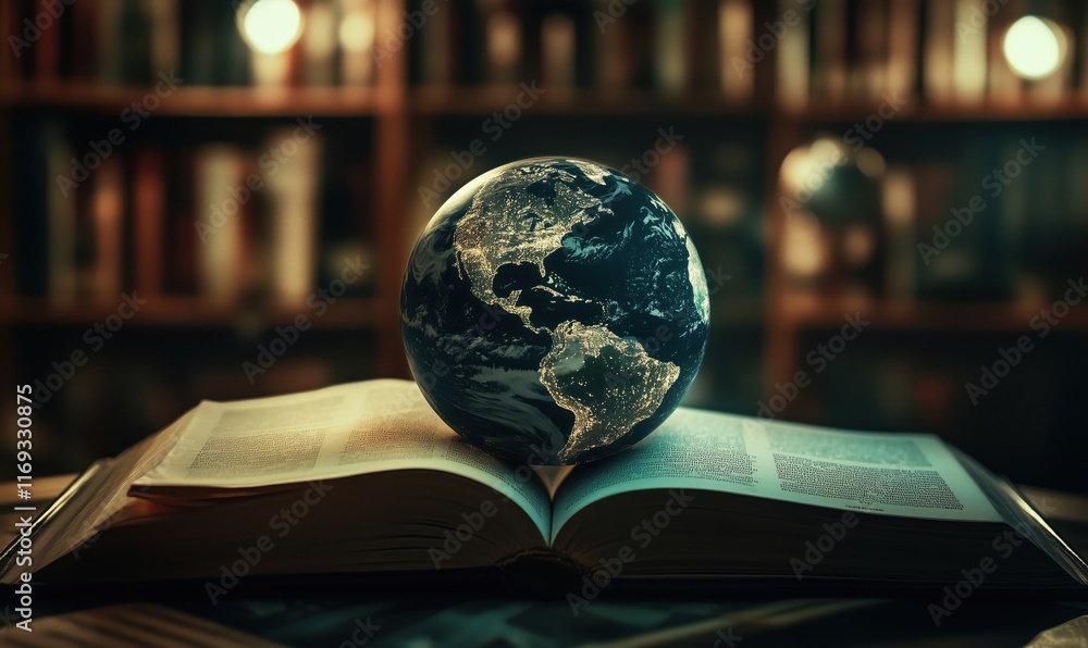 Poster globe resting on open book symbolizing knowledge and exploration, illuminated by soft library lighti