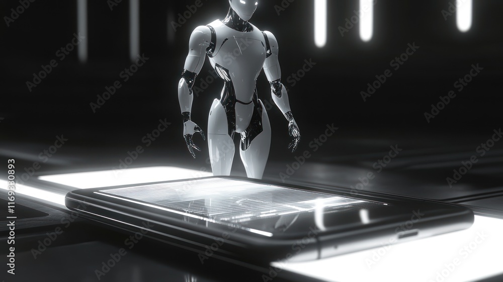Poster a futuristic robot interacts with a smartphone on a sleek surface.