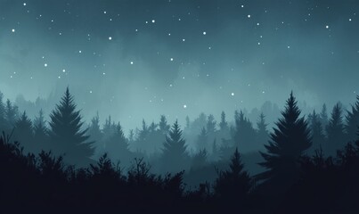 Mysterious Night Sky Over Dense Forest with Stars and Misty Atmosphere