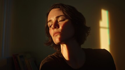 Emotional portrait of a woman indoor setting hyperrealistic style warm light serene mood