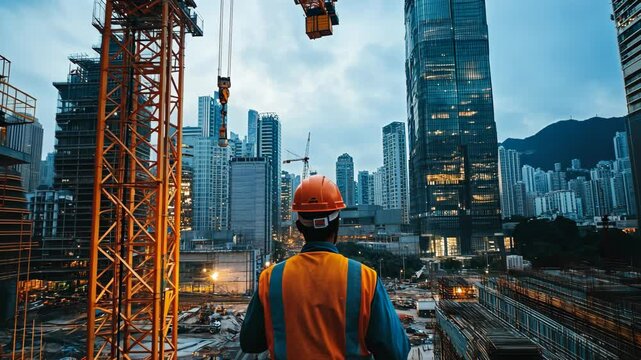 Workers oversee construction in urban skyline at dusk with towering cranes and skyscrapers