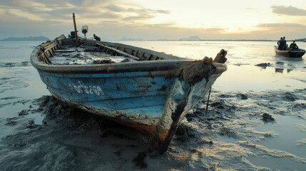 Abandoned wooden boat on muddy shore at sunset