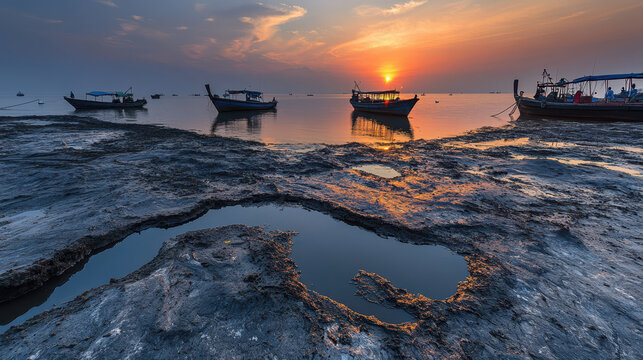 Fishing boats docked on rocky shore under vibrant sunset sky - Powered by Adobe