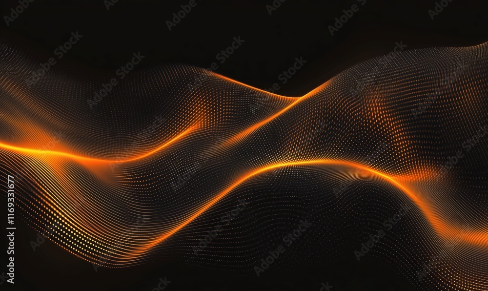 Poster dynamic orange wave patterns with glowing dots on black background, representing energy and movement