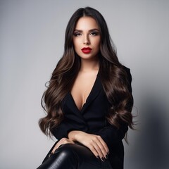 Naklejka premium beautiful dark haired Caucasian woman, long hair, dressed in black, AI generated