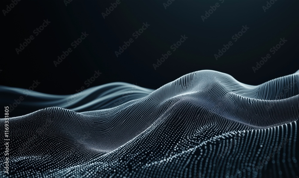 Poster abstract digital landscape with flowing waves of particles creating a mesmerizing 3d effect, showcas