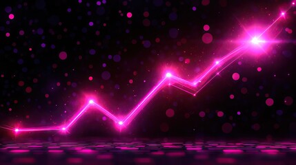 Pink neon upward trending arrow on dark background with bokeh. Ideal for financial growth or business success visuals.