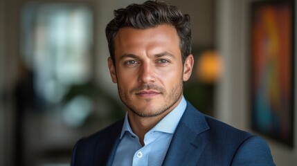 Fototapeta premium A confident man in a suit, exuding professionalism and charisma in a well-lit environment.
