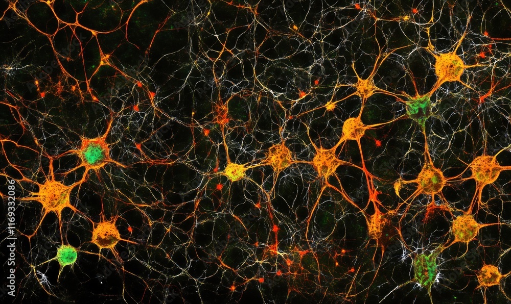 Poster neural network visualization with colorful neurons and synapses, abstract representation of brain co