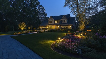 Fototapeta premium Illuminated Suburban Home at Dusk