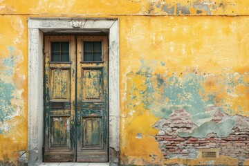  Yellow concrete wall with old wooden door in european city. Detailed photo textured background