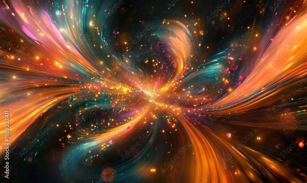 Poster vibrant cosmic swirl of colors and light, depicting a mesmerizing abstract representation of the uni