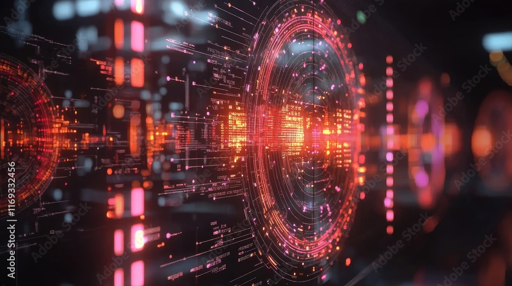Aufkleber abstract digital futuristic cyberspace with glowing neon light circles and data flow. technology bac