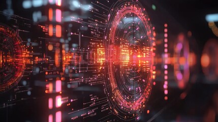 Obraz premium Abstract digital futuristic cyberspace with glowing neon light circles and data flow. Technology background for website, presentation or video.