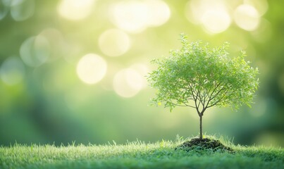 Lush Green Tree on Grass with Soft Bokeh Background, Symbolizing Nature's Beauty and Growth