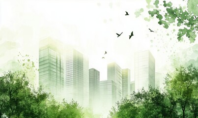 Urban skyline with modern skyscrapers surrounded by lush greenery and birds in flight, depicting harmony between nature and architecture