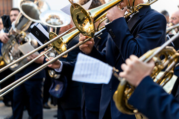 Band musicians with their instruments on the street. Typical music bands in Spain.