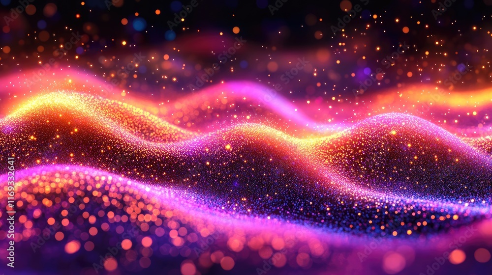 Poster shimmering waves of colorful particles flow and sparkle. ideal for backgrounds, wallpapers, or dynam