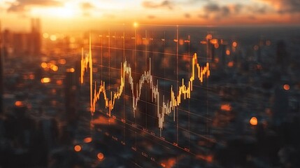 A stock market graph displayed over a blurred cityscape at sunset. Ideal for financial articles or investment-related content.