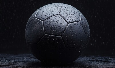 Fototapeta premium Black soccer ball covered in raindrops on dark background, showcasing texture and detail of wet surface