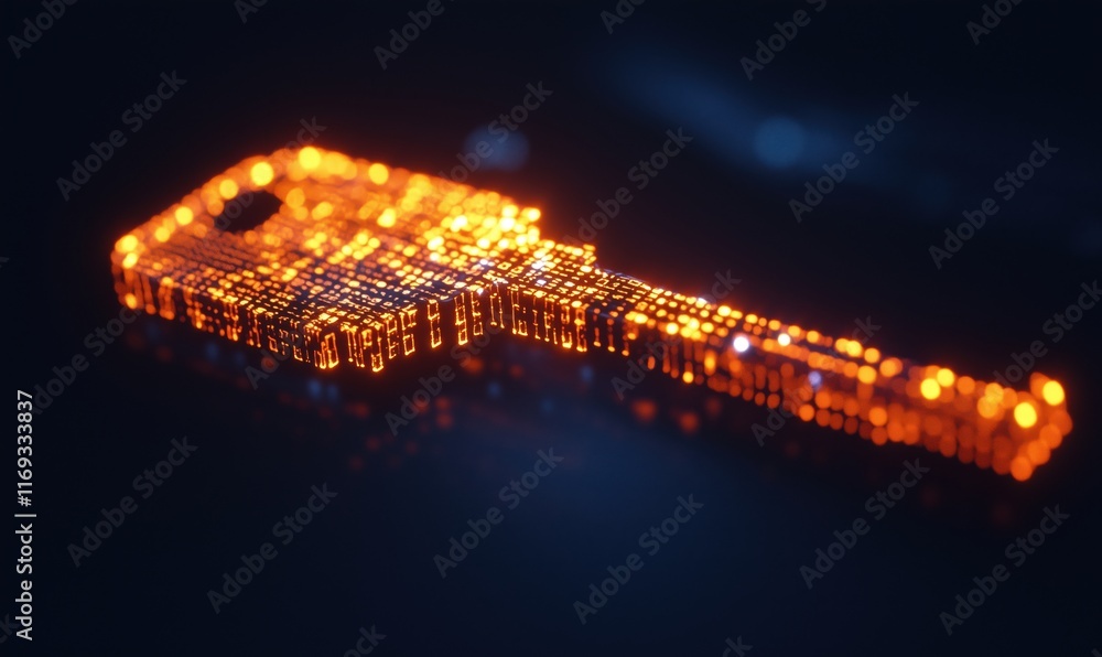 Poster digital key representation glowing with vibrant orange lights, showcasing intricate circuitry and te