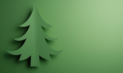 Green paper Christmas tree silhouette on textured green background, minimalist holiday decoration concept