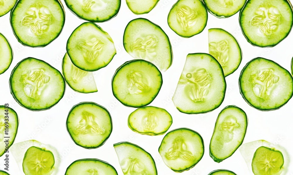 Poster fresh cucumber slices arranged in a vibrant pattern showcasing their crisp texture and bright green 