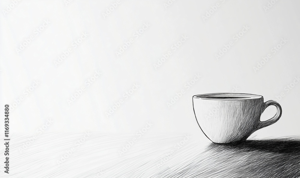 Poster minimalist sketch of coffee cup on wooden table with soft light and shadows, emphasizing simplicity 
