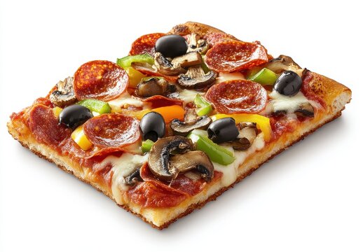 Delicious Square Pizza Topped with Pepperoni, Mushrooms, Bell Peppers, Olives, and Mozzarella Cheese on a Crispy Crust Perfect for Sharing at Parties or Family Meals