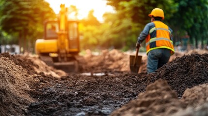 Naklejka premium Early Morning Digging with Workers and Machinery