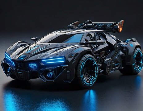 a futuristic car with glowing blue lights on black background