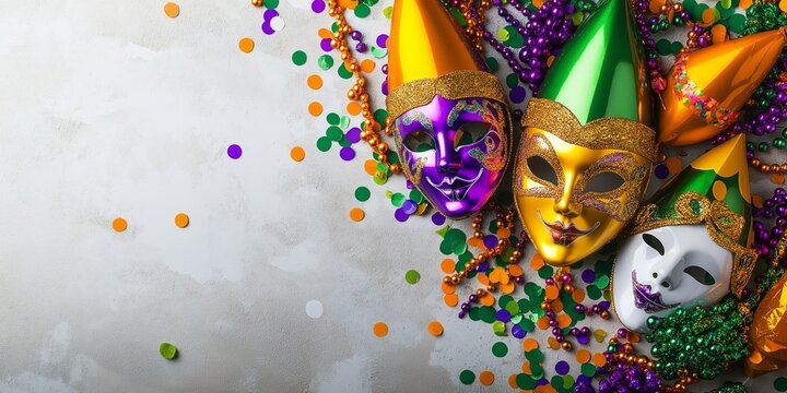 Colorful abstract background featuring vibrant confetti, traditional masks, and beads in a Mardi Gras theme