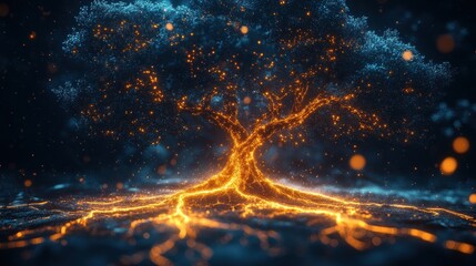 Glowing tree with fiery roots and blue leaves.
