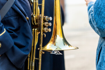 Band musicians with their instruments on the street. Typical music bands in Spain.
