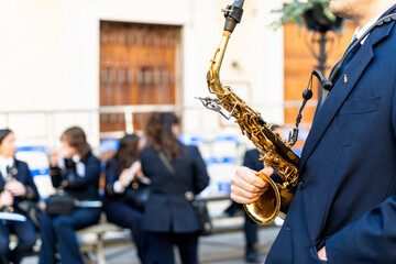 Fototapeta premium Band musicians with their instruments on the street. Typical music bands in Spain.