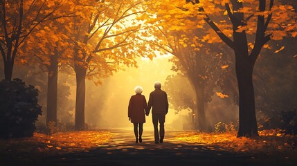 Fototapeta premium Elderly Couple Walking in Autumnal Park with Golden Foliage and Misty Atmosphere