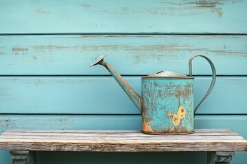 This vintage watering can, ideal for indoor gardening, rests on a rustic wooden table, showcasing its charming patina against a soothing blue backdrop.