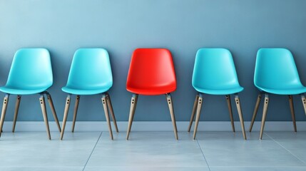 Red Chair Among Blue Chairs in Modern Waiting Area