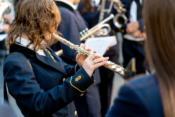 Band musicians with their instruments on the street. Typical music bands in Spain.