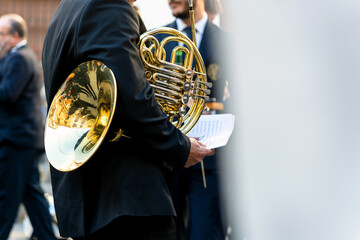 Band musicians with their instruments on the street. Typical music bands in Spain.