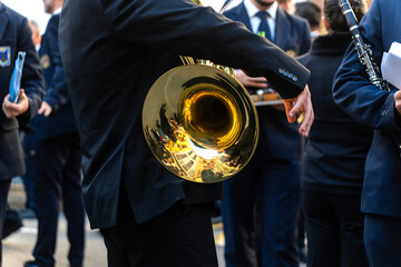 Band musicians with their instruments on the street. Typical music bands in Spain.