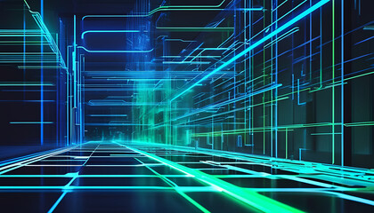 a dark tunnel with neon lines