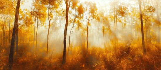 Obraz premium Golden autumn forest bathed in morning mist, sun rays filtering through trees.