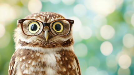 Obraz premium Cute owl with glasses against a bokeh background