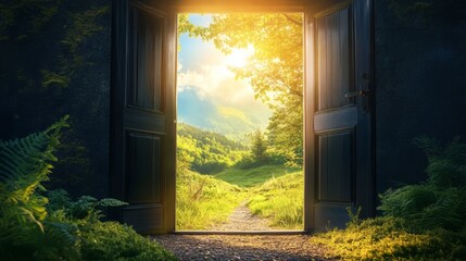 Open Door to a Lush Mountain Landscape