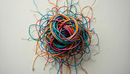 Tangled colorful wires representing business challenges, chaotic atmosphere, and complexity
