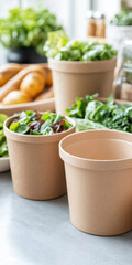 Eco friendly containers with fresh salad ingredients on a kitchen counter