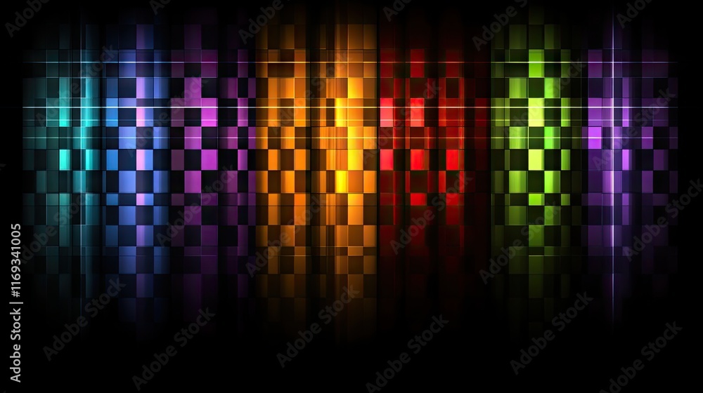 Poster vibrant rainbow checkered pattern with glowing lines creates a dynamic backdrop. ideal for music vis
